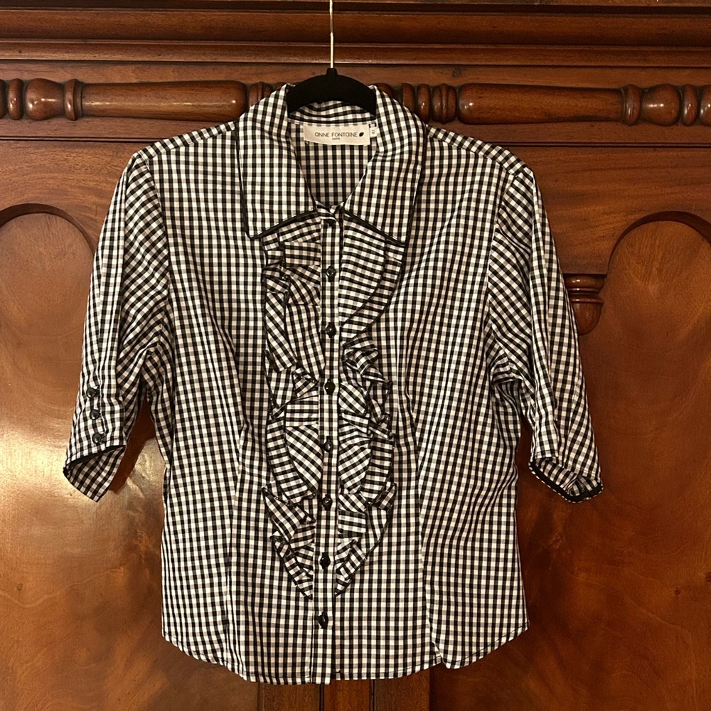 Anne Fontaine Black and White Ruffle Gingham Blouse